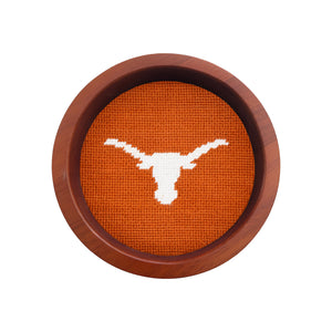 Round wooden wine bottle coaster featuring an American flag needlepoint design.