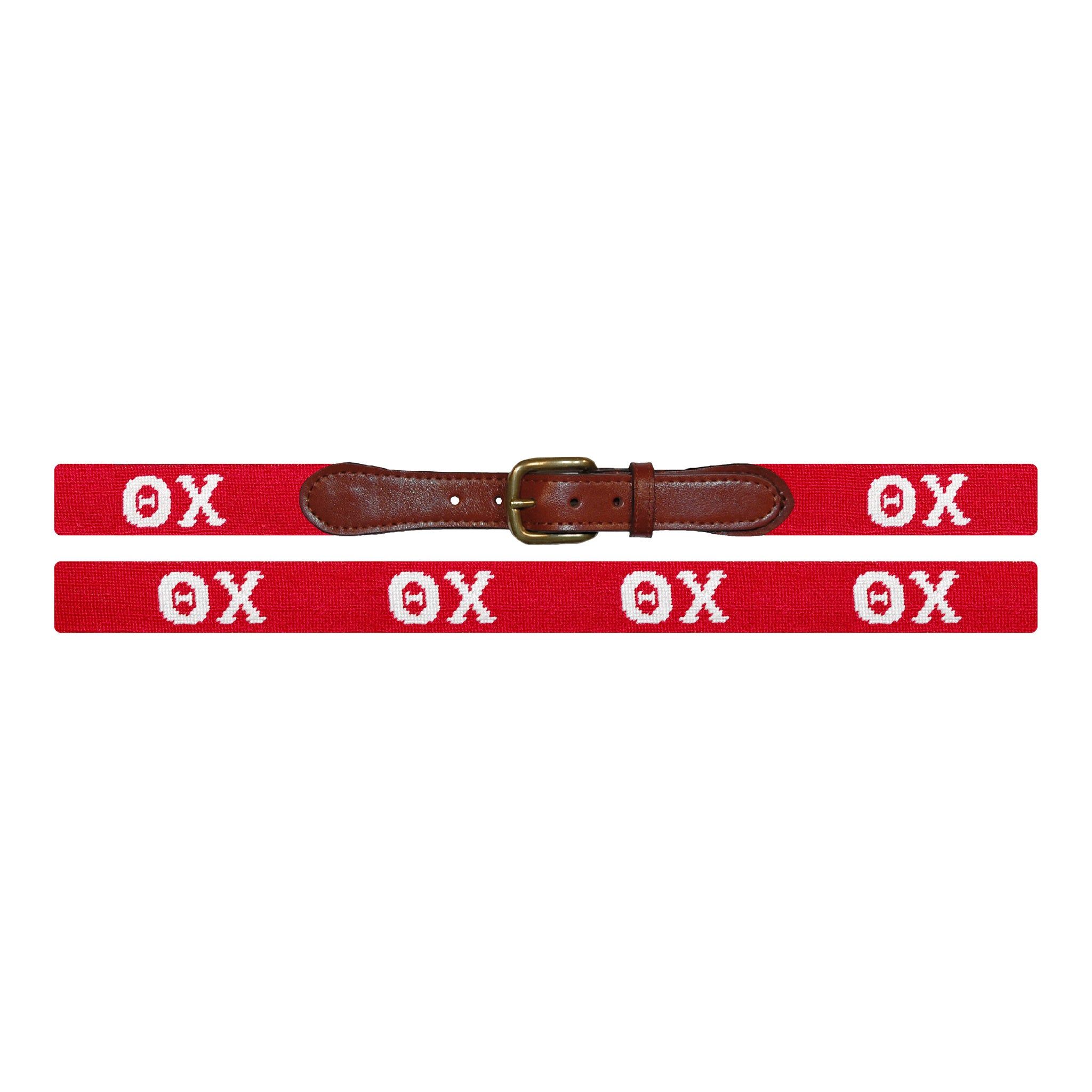 Flat view of Needlepoint Theta Chi Belt with brown leather trim and a brass buckle
