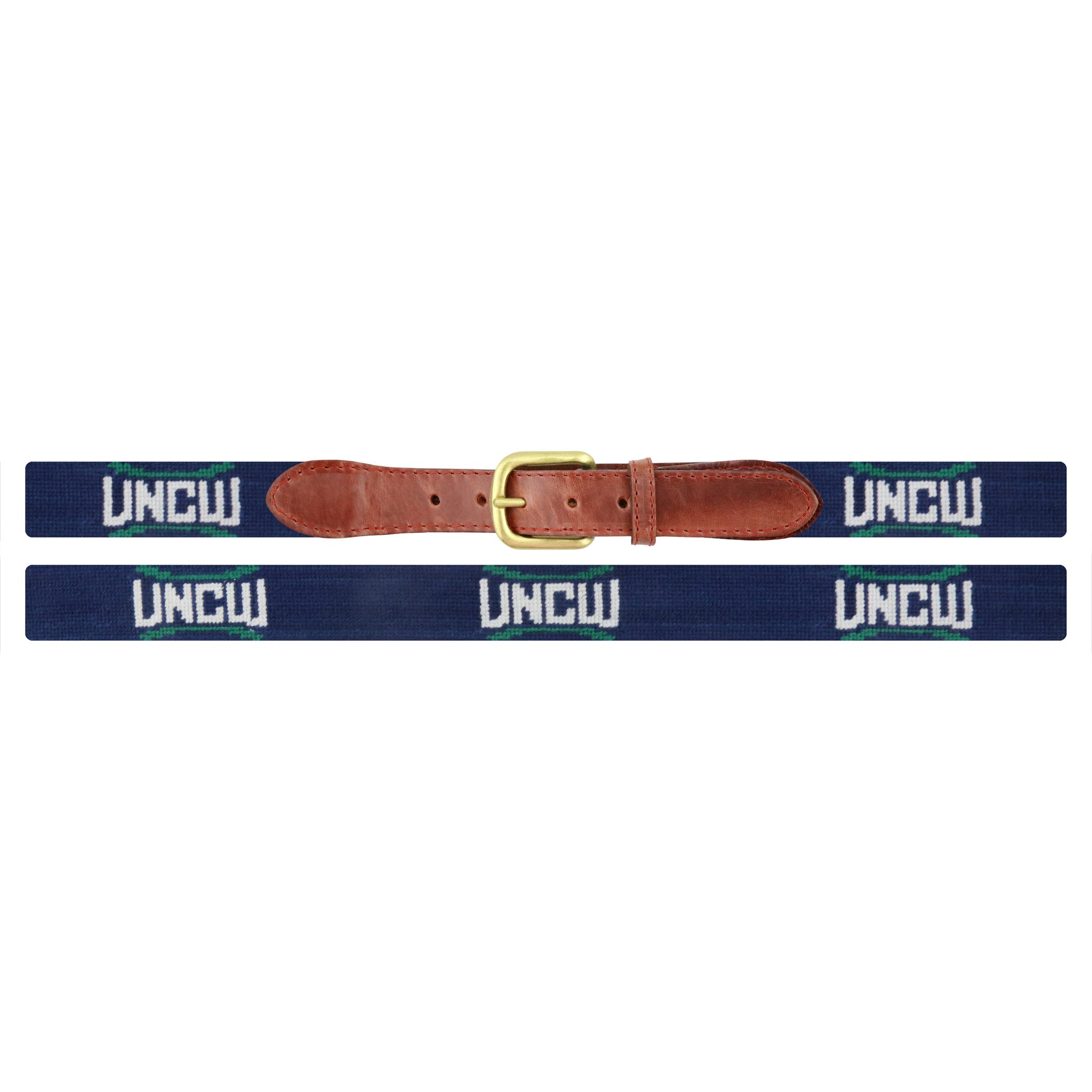 Flat view of Needlepoint UNC Wilmington Belt Dark Navy with brown leather trim and a brass buckle