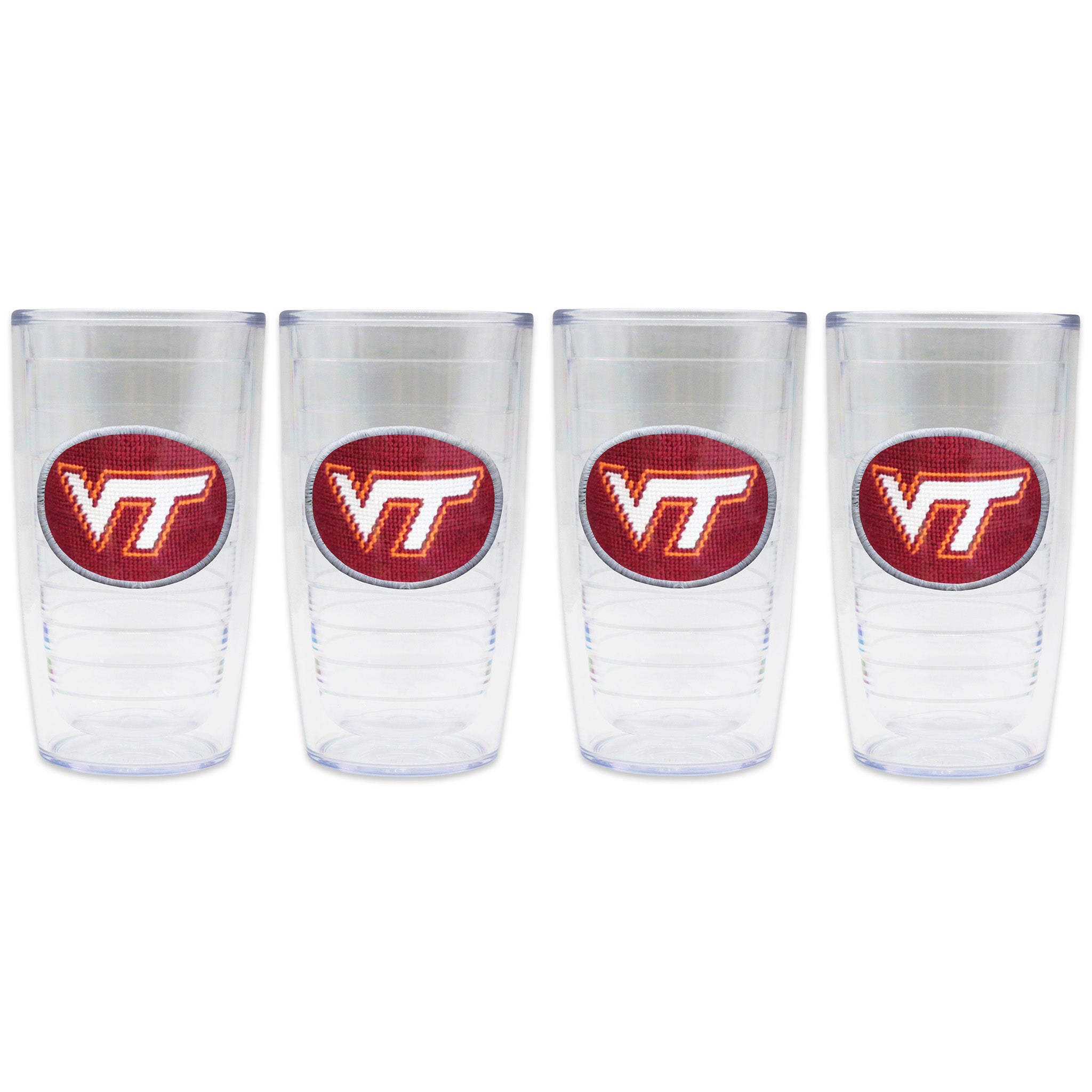 4 set of Tervis Tumblers with VT logo needlepoint patch