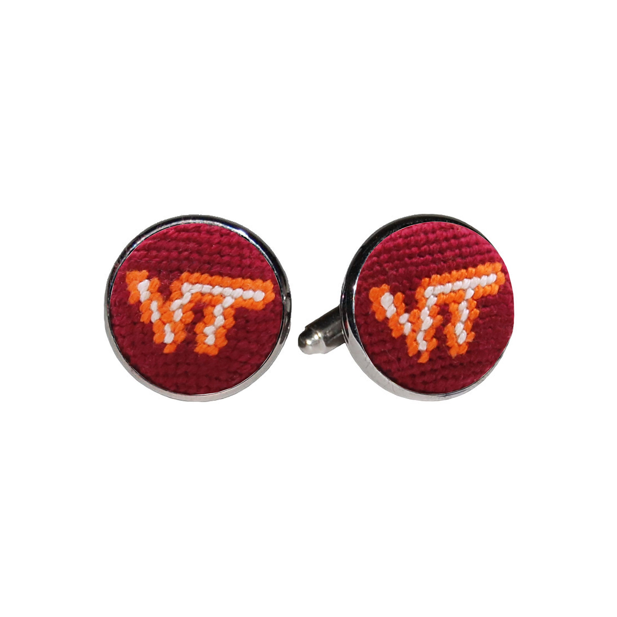 Virginia Tech cufflinks featuring the maroon and orange collegiate logo stitched in needlepoint, set into a silver-plated cufflink.
