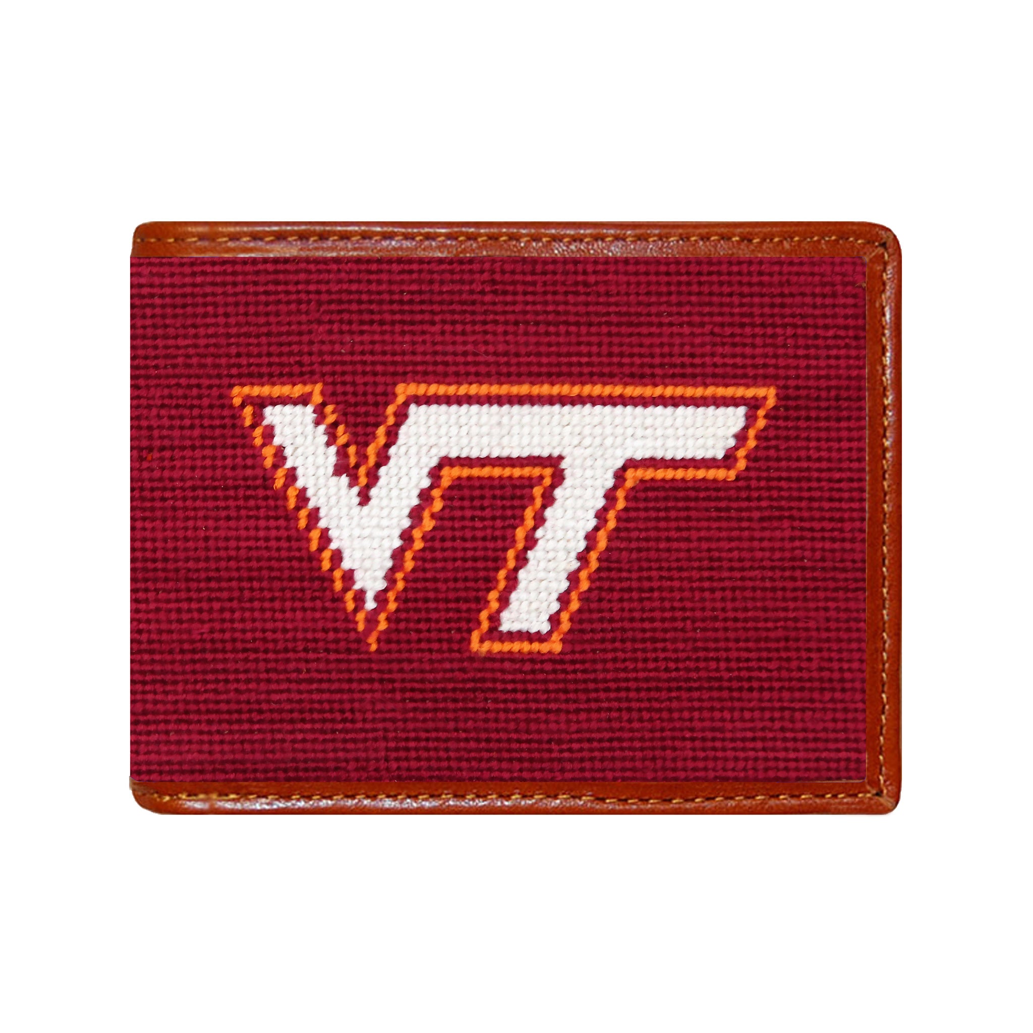 Virginia Tech maroon needlepoint bi-fold wallet with orange “VT” logo and brown leather trim, shown from primary angle.