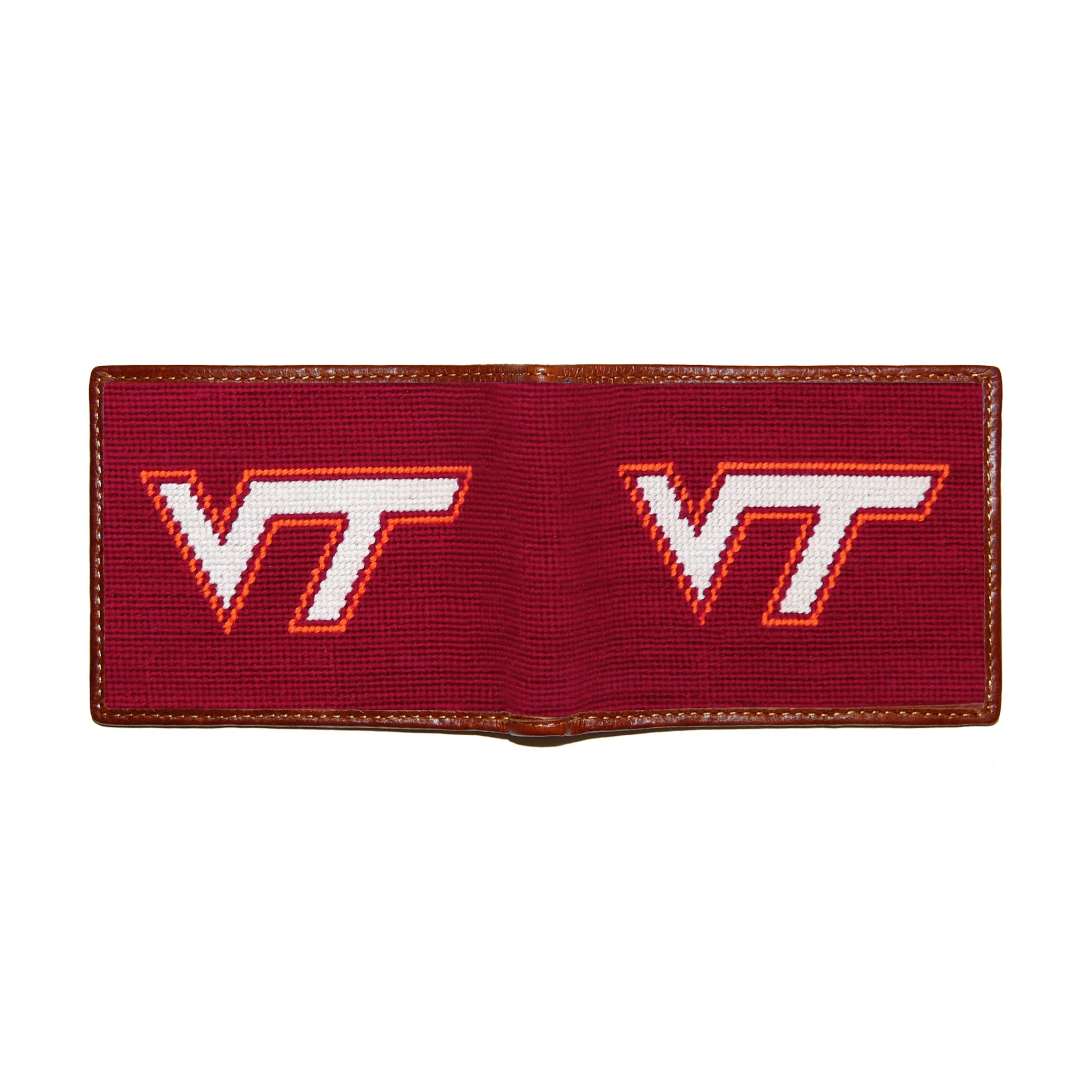 Virginia Tech maroon needlepoint bi-fold wallet open to show both sides of the orange “VT” logo needlepoint design with brown leather trim.