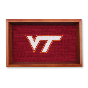 Virginia Tech chestnut wood valet tray with Virginia Tech needlepoint stitched logo in the base of the tray