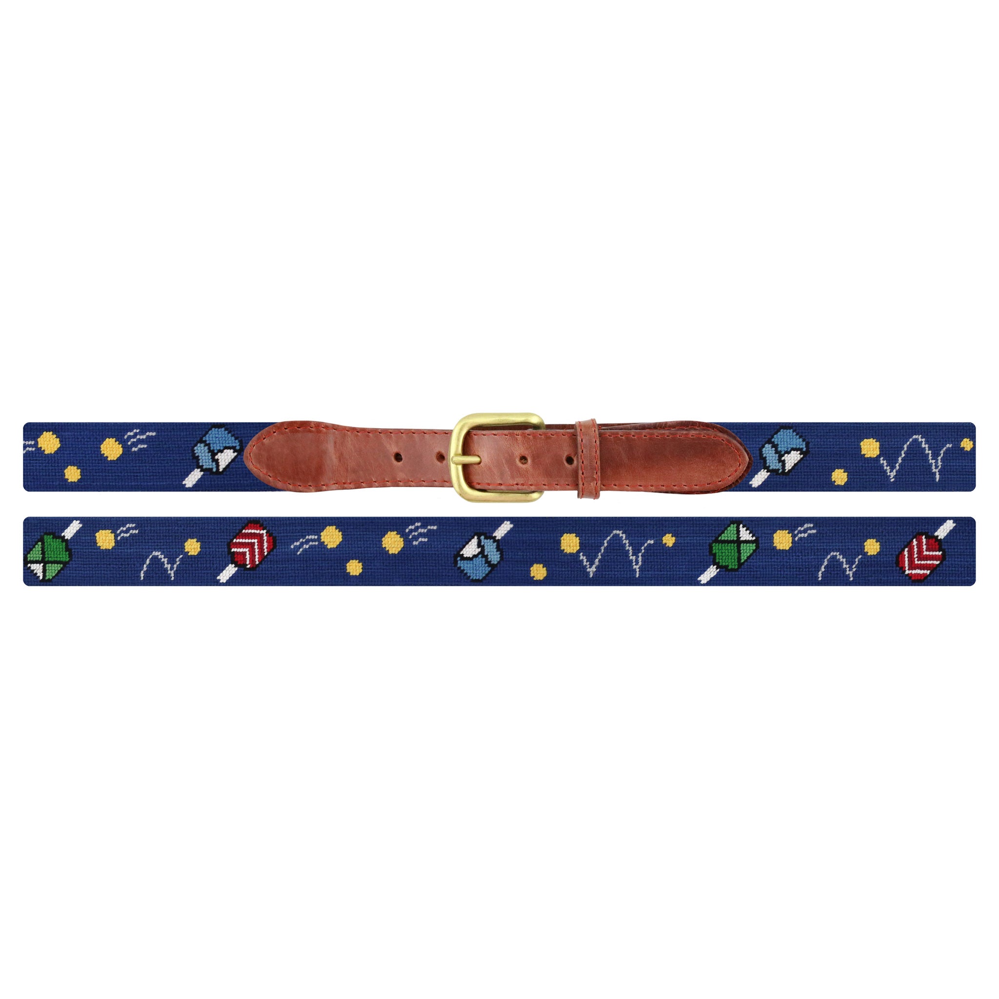 Flat view of Needlepoint Wacky Pickleball Belt Classic Navy with brown leather trim and a brass buckle