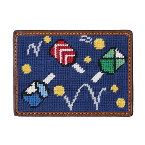 Wacky Pickleball classic navy needlepoint card wallet with Italian leather trim.