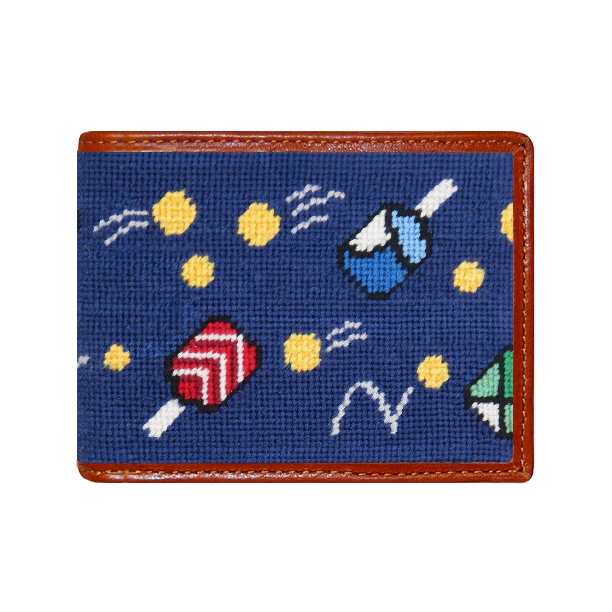 Wacky Pickleball needlepoint bi-fold wallet in classic navy with chestnut leather trim, shown from primary angle.
