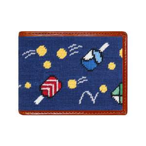 Wacky Pickleball needlepoint bi-fold wallet in classic navy with chestnut leather trim, shown from primary angle.
