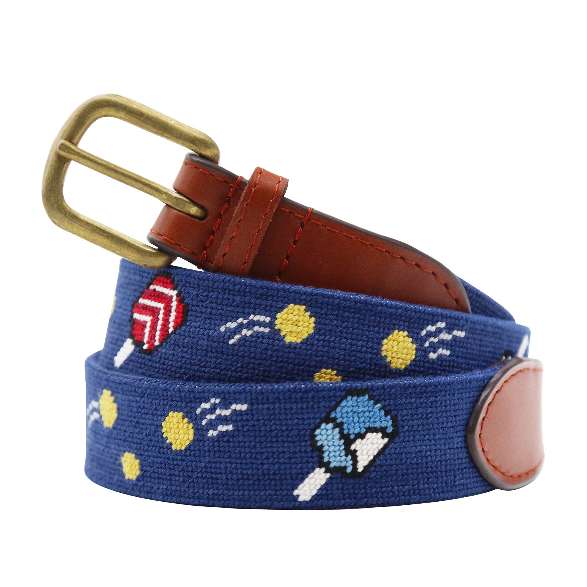 Monogrammed Wacky Pickleball Needlepoint Belt Classic Navy coiled, with brown leather trim and a brass buckle