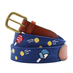 Monogrammed Wacky Pickleball Needlepoint Belt Classic Navy coiled, with brown leather trim and a brass buckle
