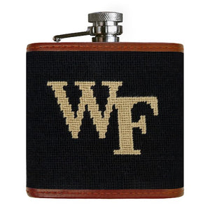 Wake Forest flask with gold and black needlepoint Wake Forest logo.