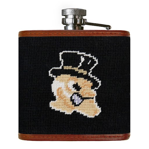 Wake Forest flask with gold and black needlepoint Wake Forest logo back