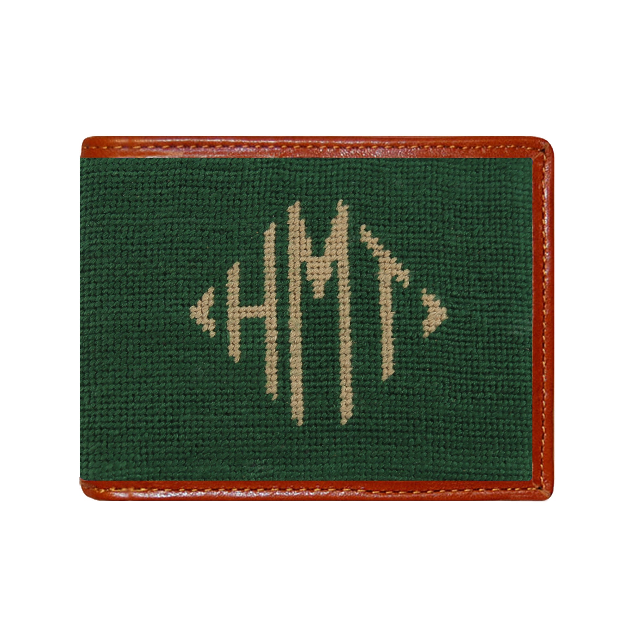 Inside of the wallet showing 6 card slots two side slots along with 2 money pockets stamped with the Smathers & Branson logo at the base of the leather