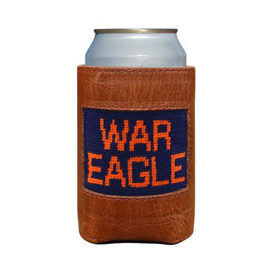 Navy can cooler featuring the orange Auburn “War Eagle” script logo.
