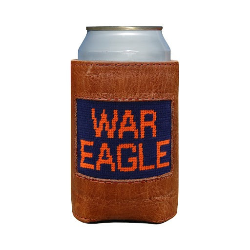Navy can cooler featuring the orange Auburn “War Eagle” script logo.