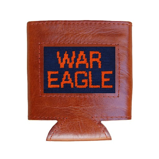 Navy can cooler displaying the orange Auburn “War Eagle” script logo from a secondary angle.