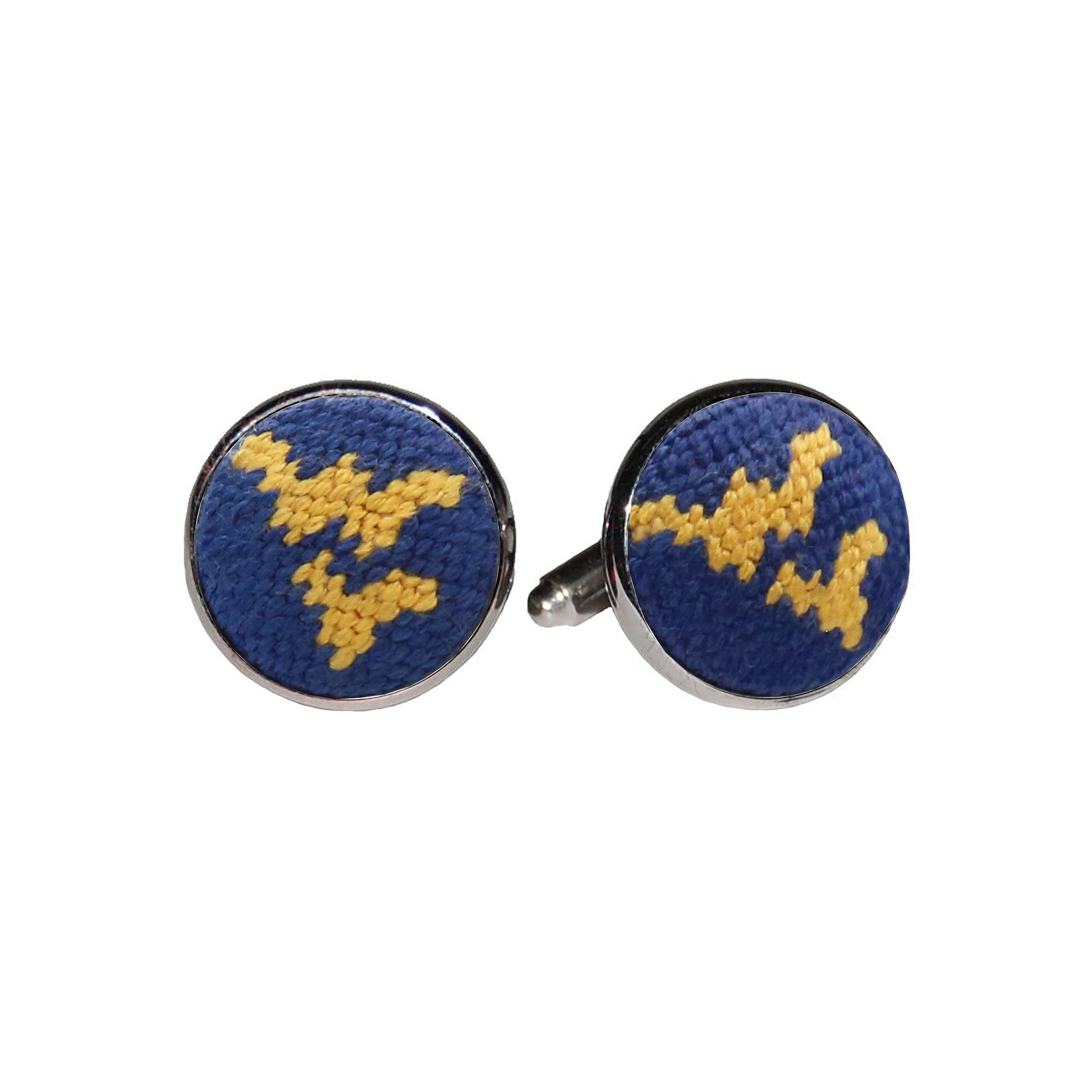 West Virginia cufflinks with the blue and gold collegiate logo stitched in needlepoint, set into a silver-plated cufflink.