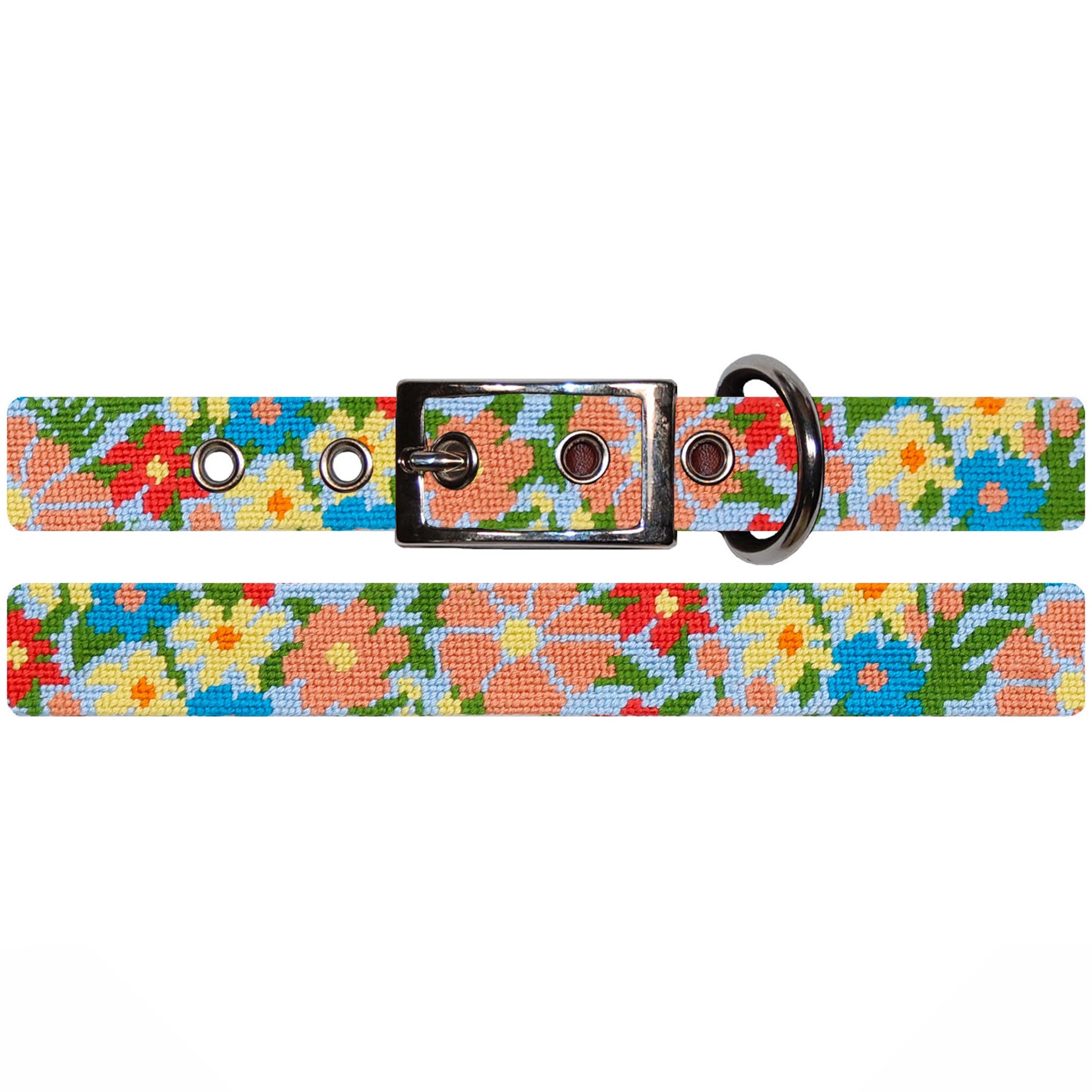 Shows the full length of the collar with detailed needlepoint design and metal buckle.
