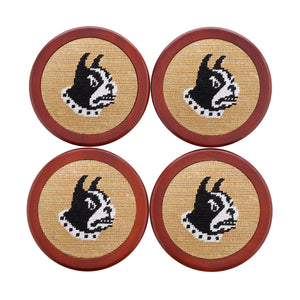 Wofford coaster set featuring the collegiate logo in black and gold needlepoint, shown laid flat.