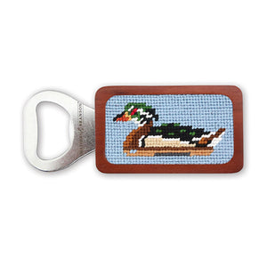 Wood duck decoy antique blue bottle opener featuring a detailed wood duck design, perfect for opening bottles.