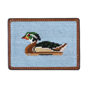 Wood duck decoy needlepoint card wallet in antique blue with Italian leather trim.