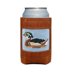 Antique blue can cooler with a Wood Duck Decoy design, shown from primary angle.