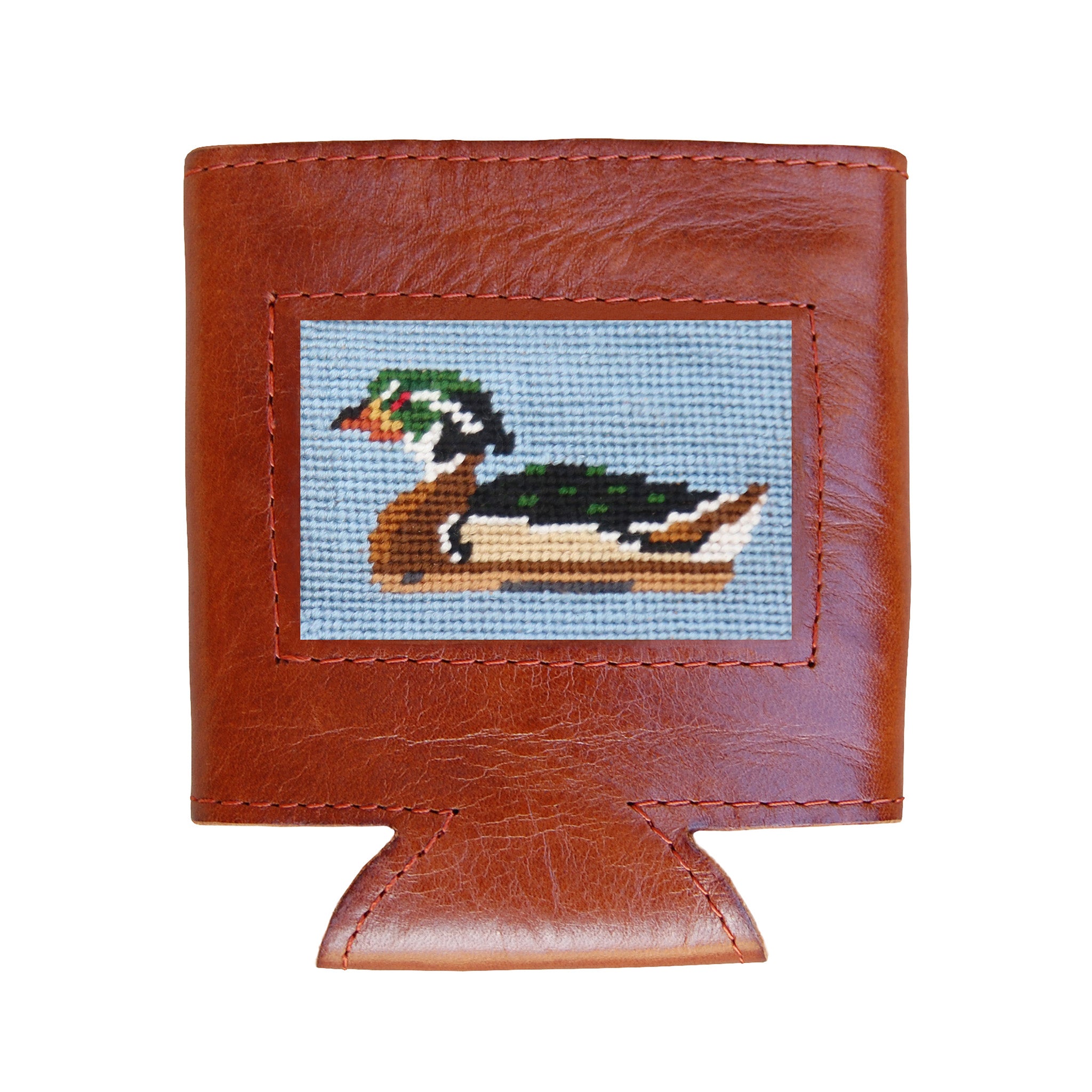 Antique blue can cooler with a Wood Duck Decoy design, shown from secondary angle.