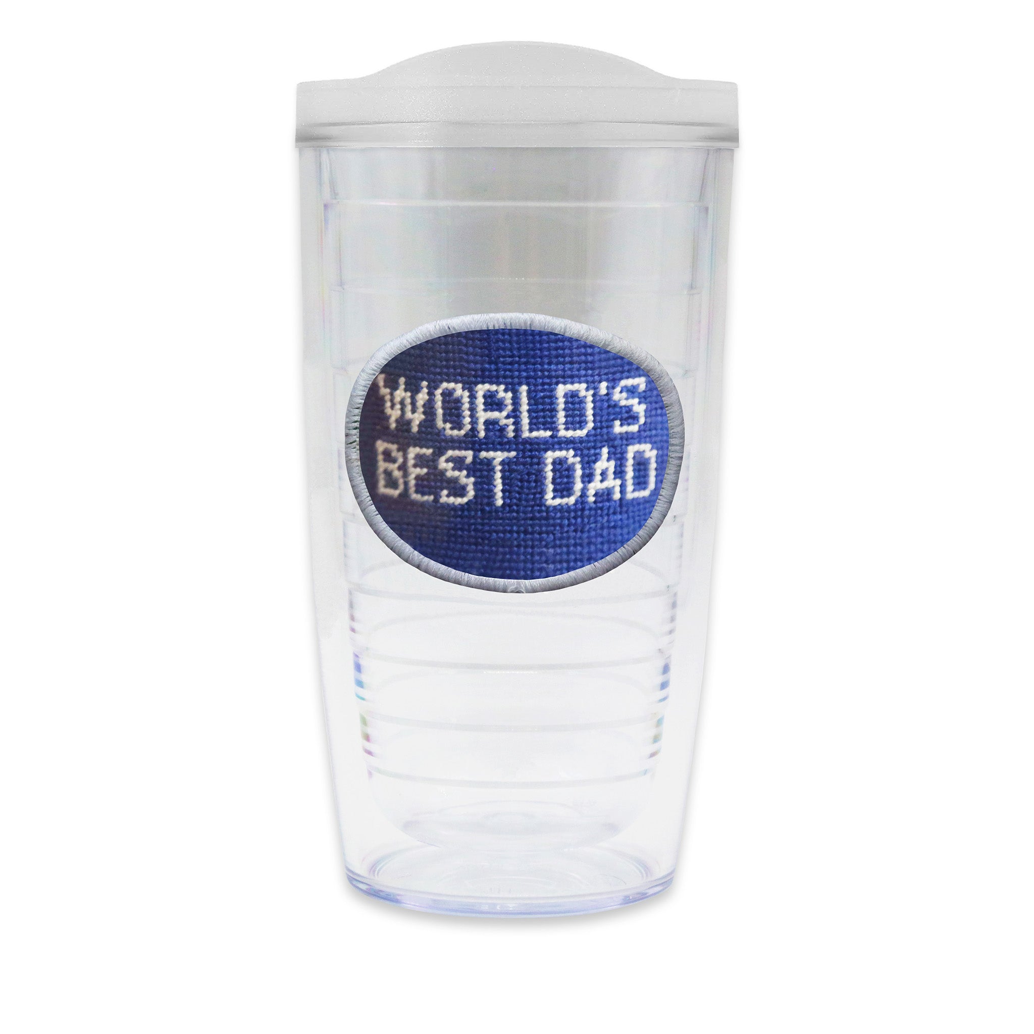 Tervis Tumbler with World's Best Dad needlepoint patch with frosted lid