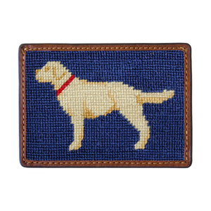 Yellow Lab needlepoint card wallet in classic navy with Italian leather trim.