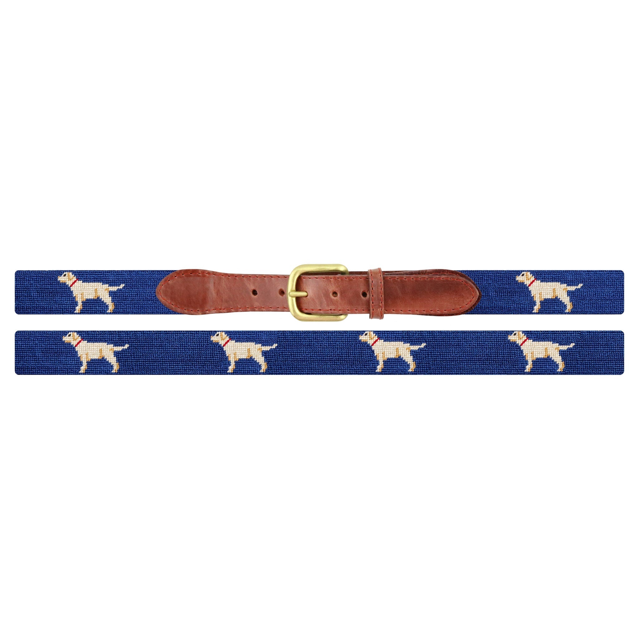 Flat view of Needlepoint Monogrammed Yellow Lab Belt Classic Navy with brown leather trim and a brass buckle