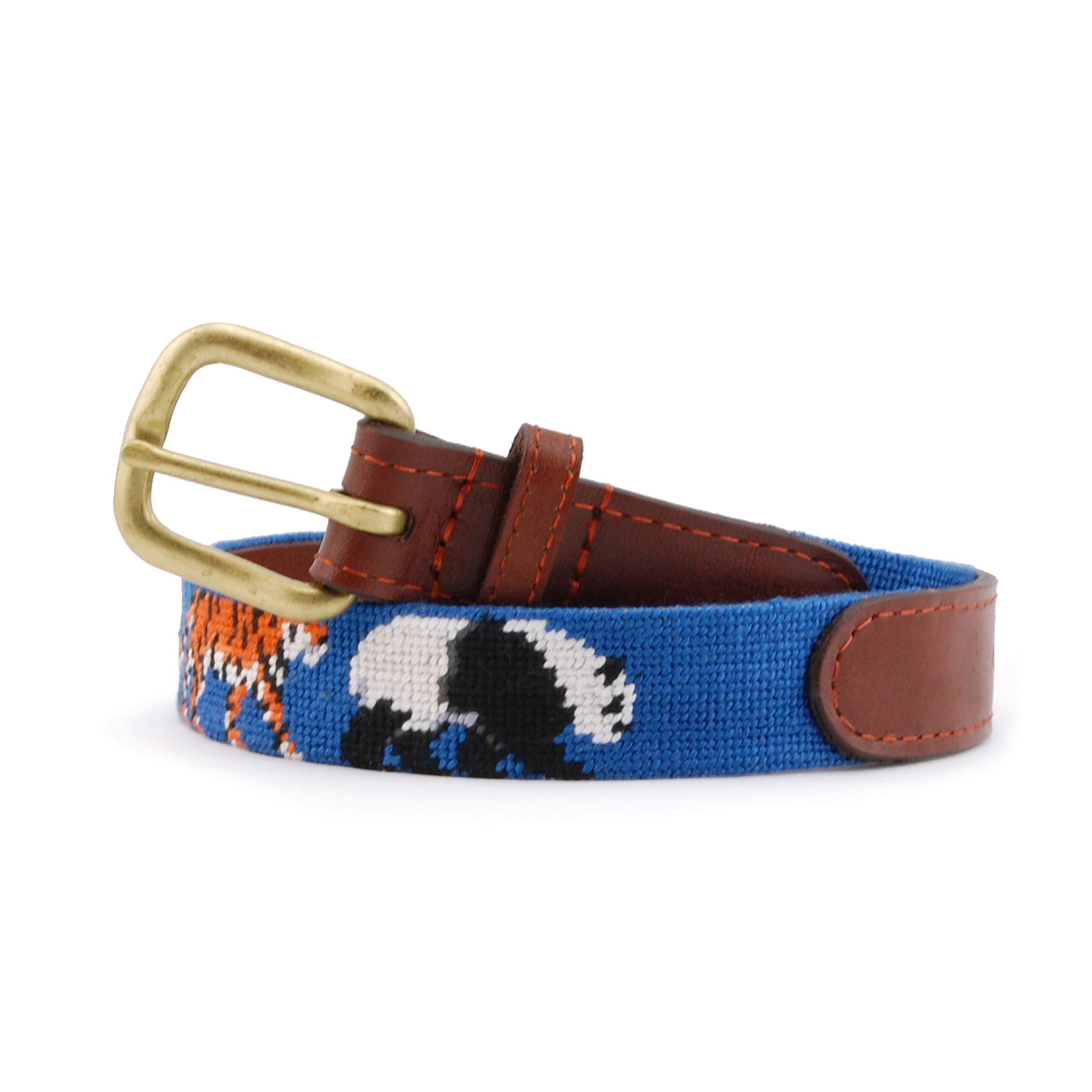 Zoo-themed needlepoint children's belt coiled to show stitching and construction