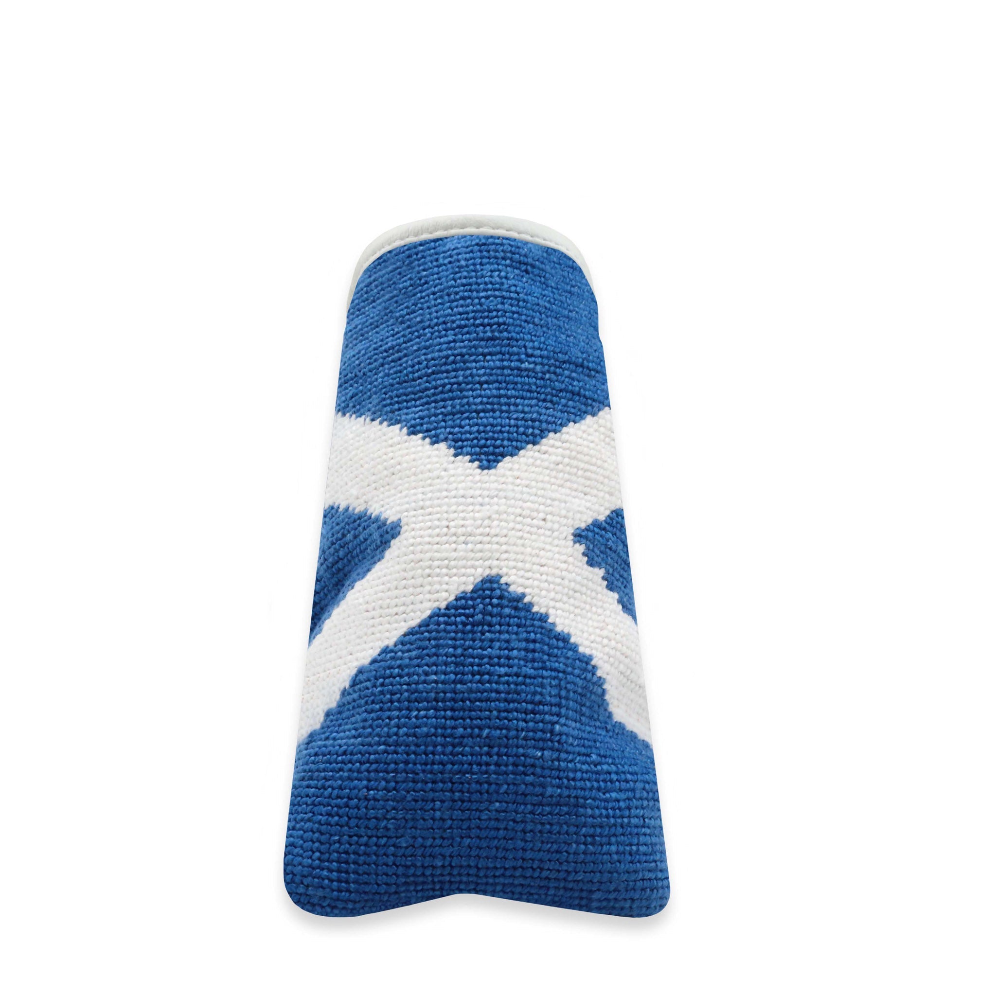 Needlepoint putter cover featuring the Big Scottish Flag design with blue and white accents, designed for a standard putter.
