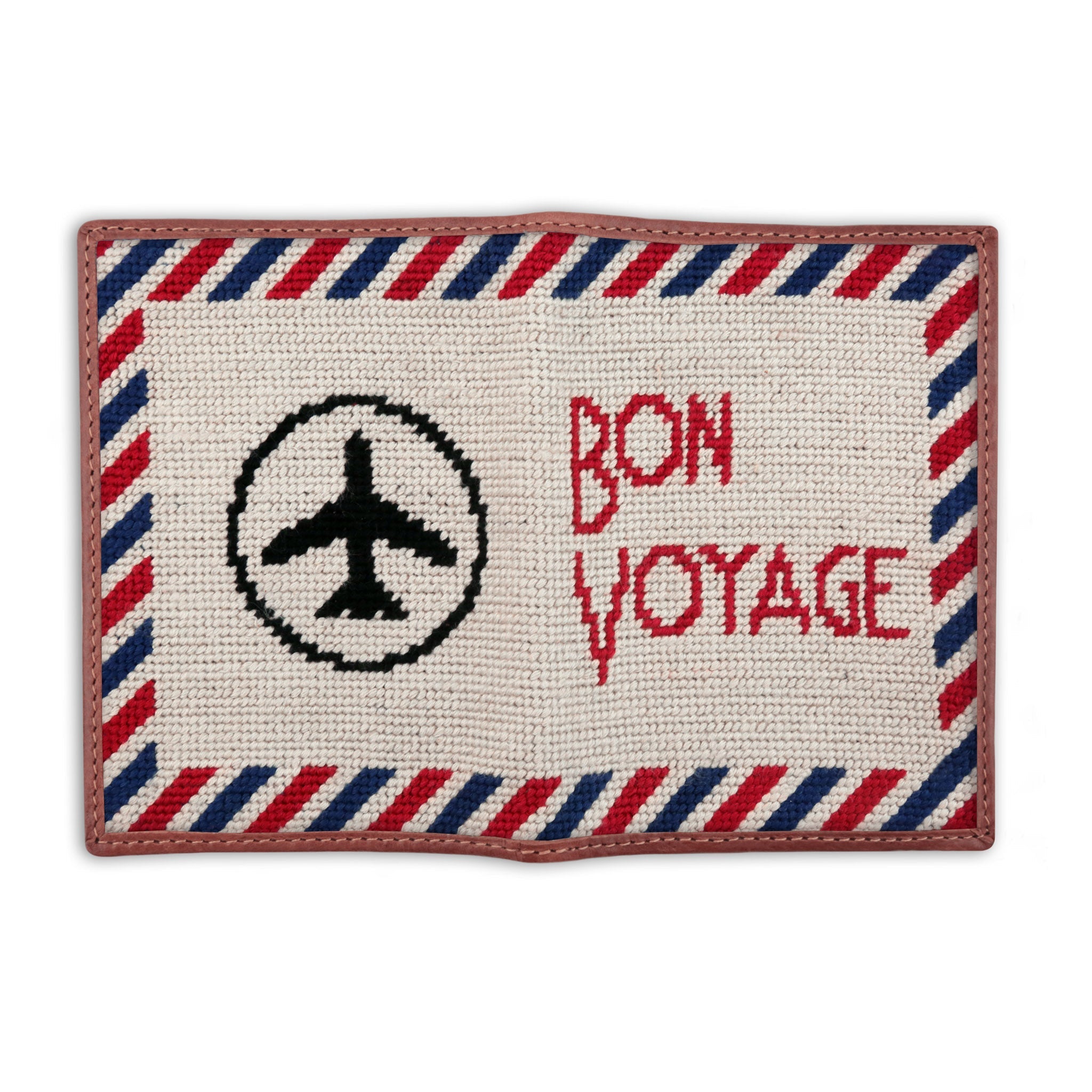 Smathers and Branson Bon Voyage Light Khaki Needlepoint Passport Case Opened 