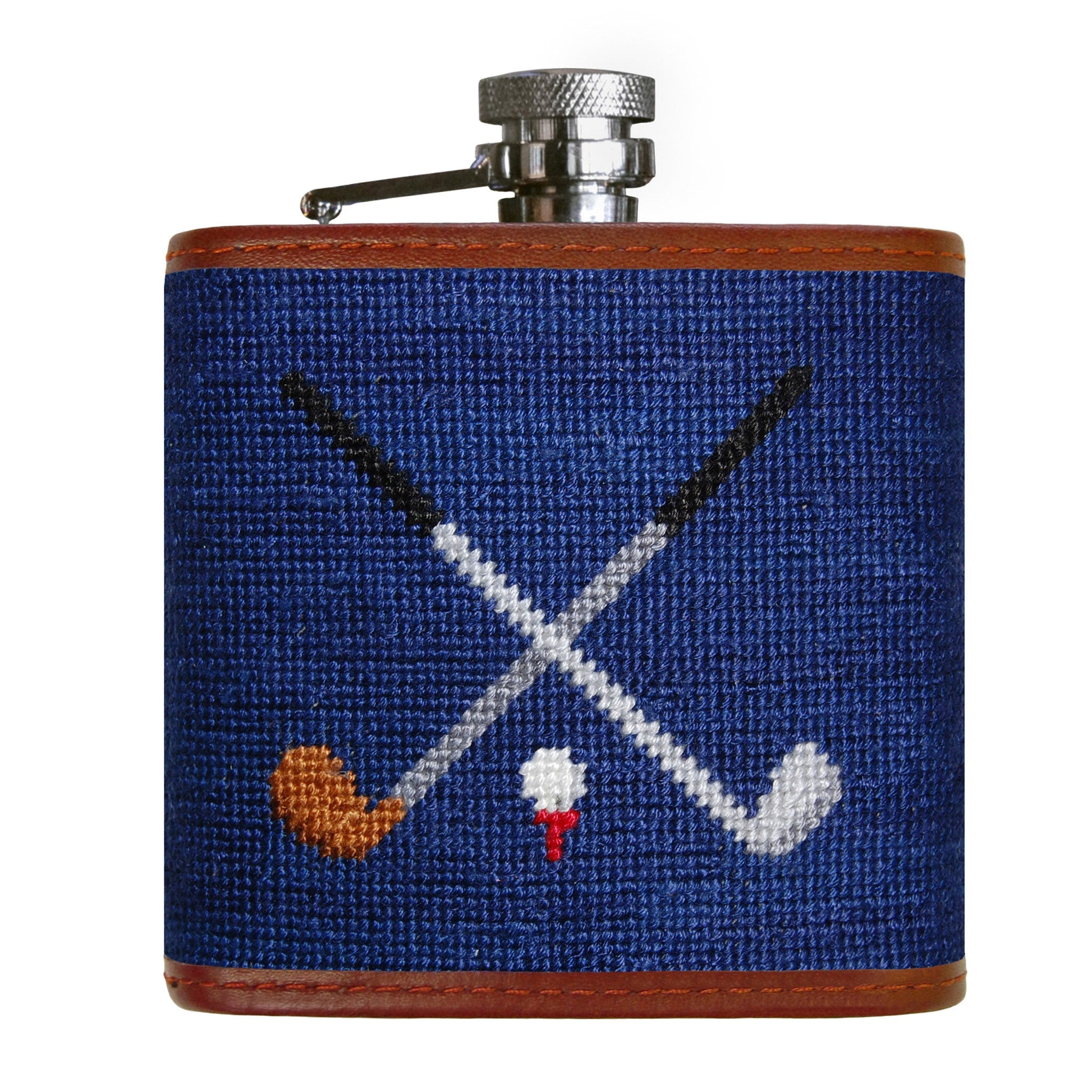 Smathers and Branson Crossed Clubs Classic Navy Needlepoint Flask Front 