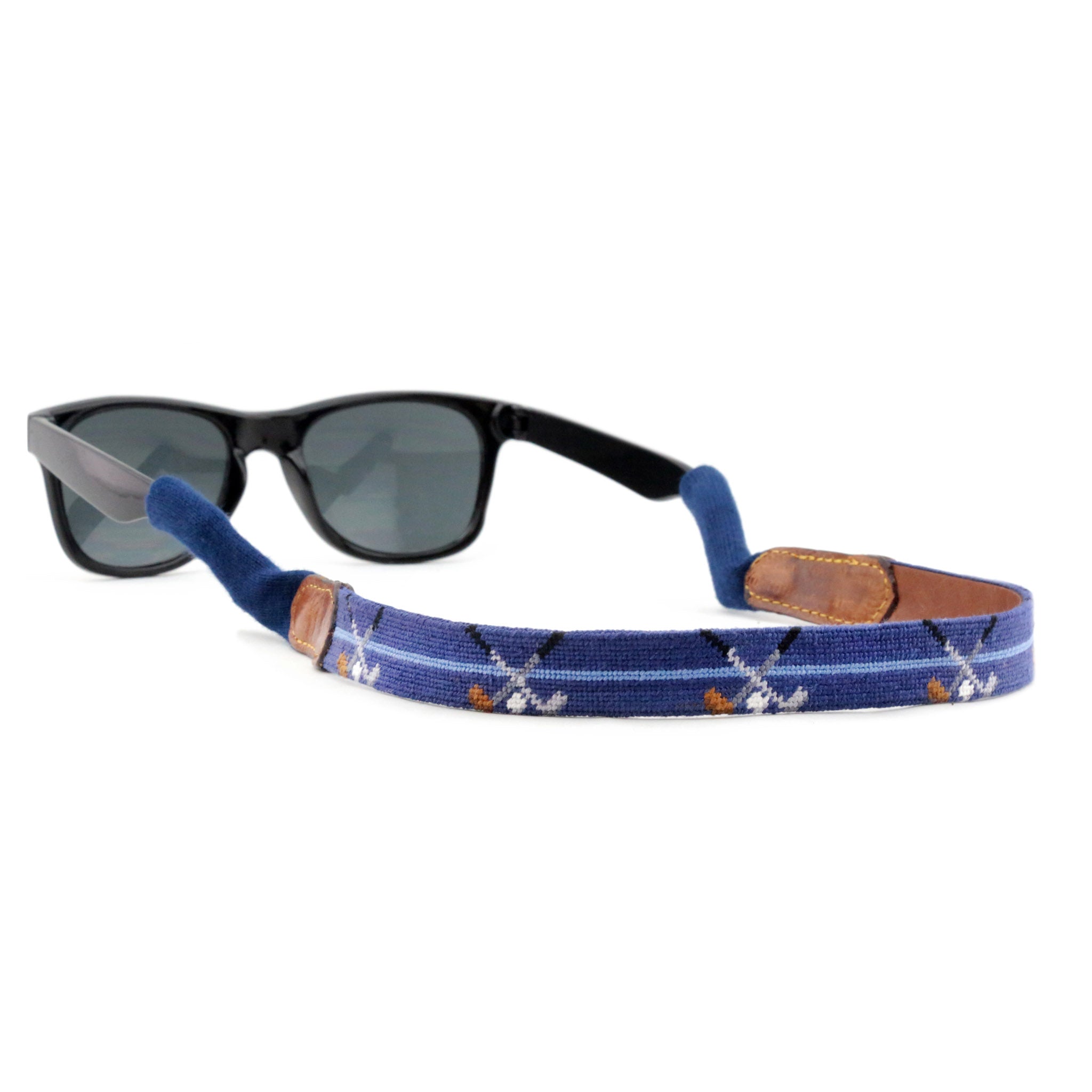 Smathers and Branson Crossed Clubs Classic Navy Needlepoint Sunglass Strap Attached to glasses  