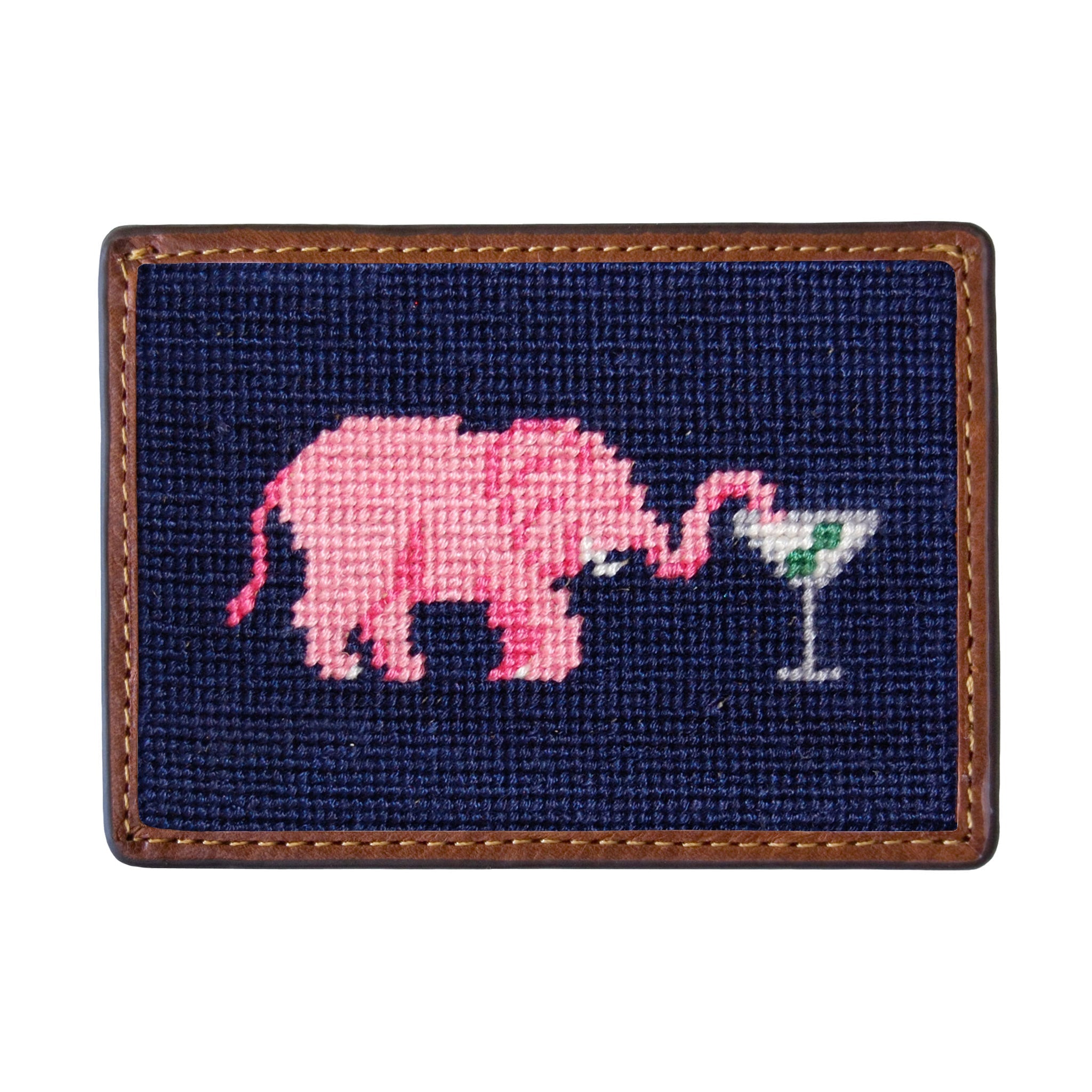 Smathers and Branson Elephant Martini Dark Navy Needlepoint Credit Card Wallet Front side