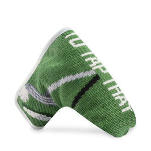 side view of needlepoint I'd Tap That Putter Headcover