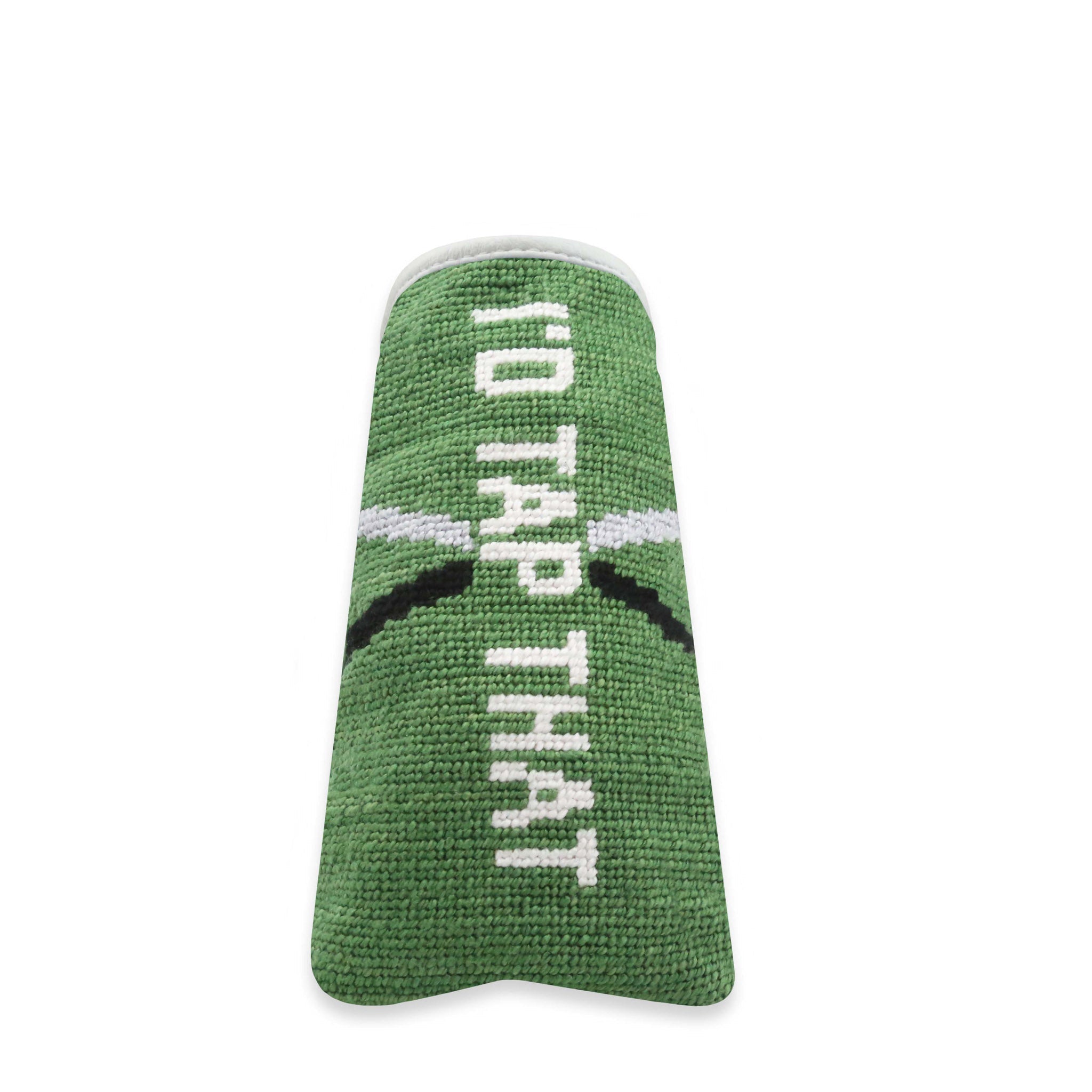 Needlepoint putter cover featuring a multi-colored "I’d Tap That" design, designed for a standard putter.