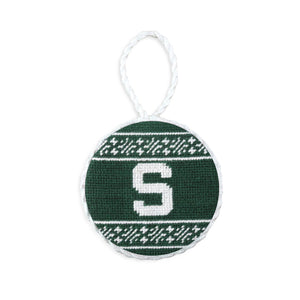 Smathers and Branson Michigan State Fairisle Needlepoint Ornament Dark Pine White Cord  