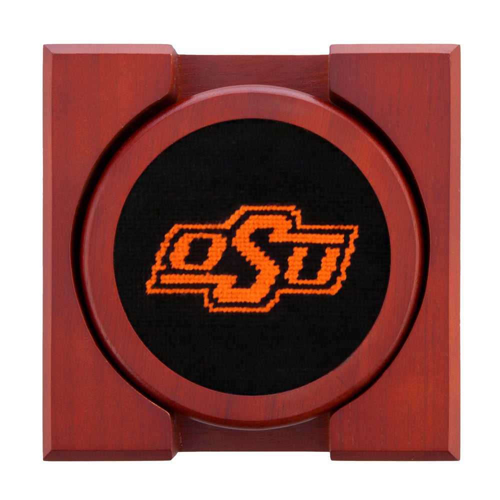 Smathers and Branson Oklahoma State Needlepoint Coasters Black with coaster holder  