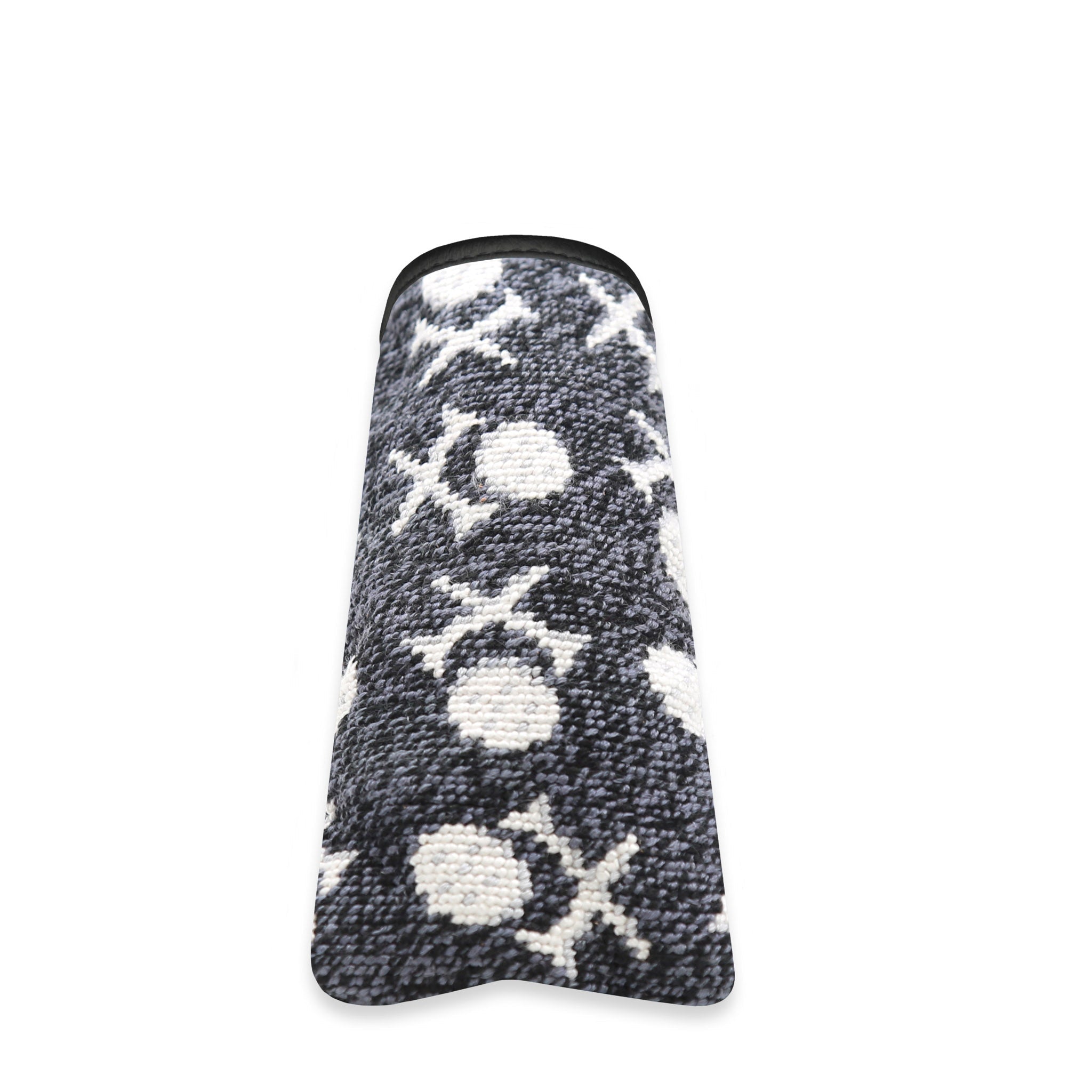 Needlepoint putter cover featuring a Scratch Golf logo on heathered black fabric with black leather accents, designed for a standard putter.