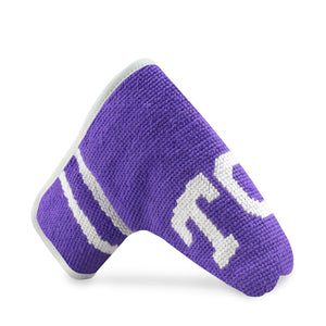 side view of needlepoint TCU Putter Headcover (Purple - White Diagonal Stripes)