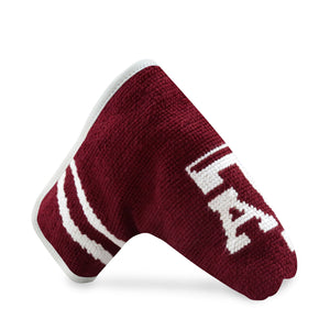 side view of needlepoint Texas A&M Putter Headcover (Maroon - White Diagonal Stripes)