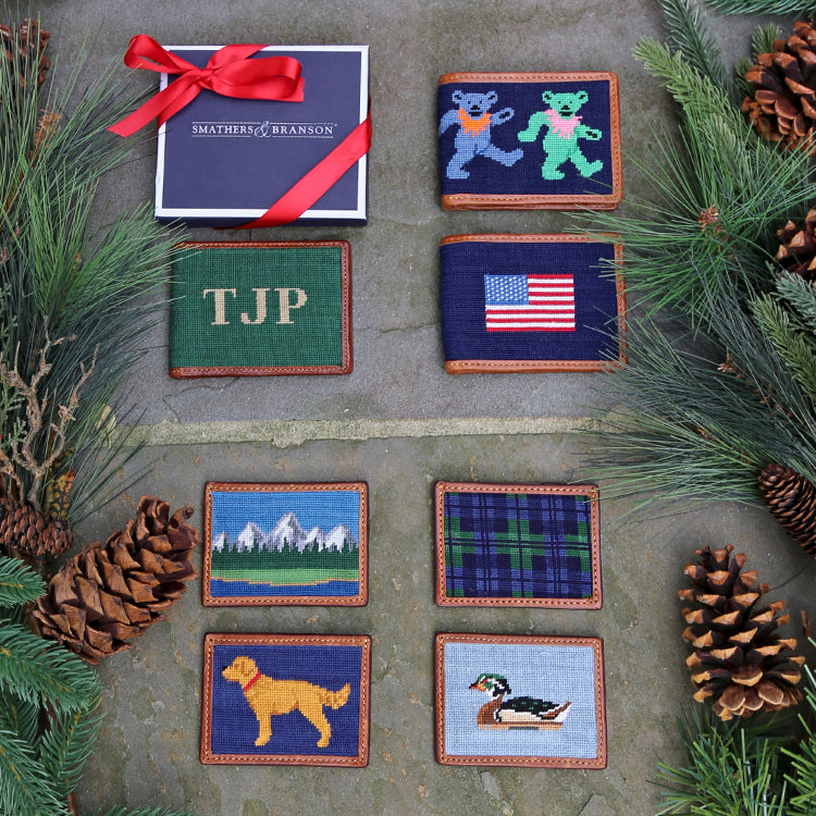 Wallets styled with holiday garnish