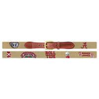 Flat view of Needlepoint Monogrammed Alabama Life Belt Dark Khaki with brown leather trim and a brass buckle
