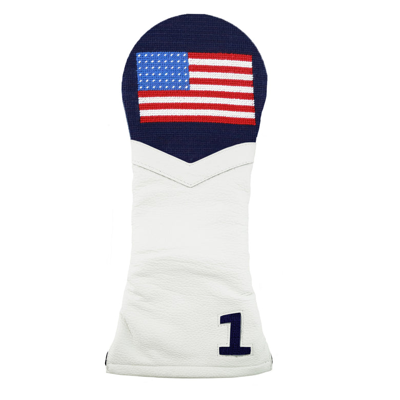 White golf headcover with American Flag with dark navy background