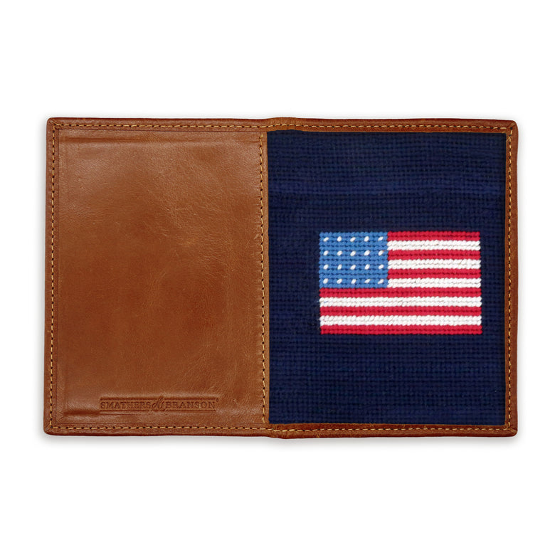 Back view of the American Flag needlepoint passport case showing stitched detailing and smooth leather finish