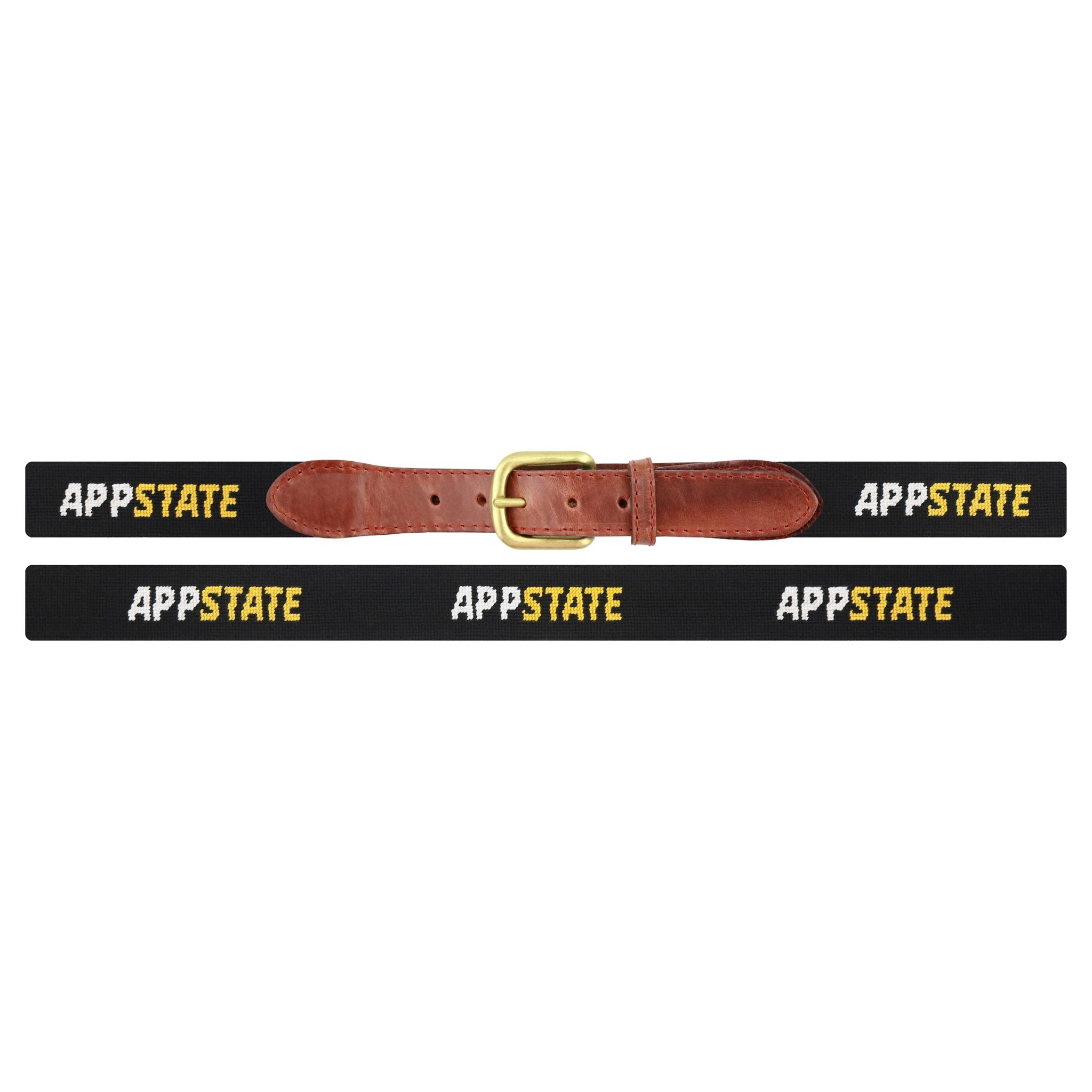 Flat view of Needlepoint Monogrammed Appalachian State Text Belt Black with brown leather trim and a brass buckle