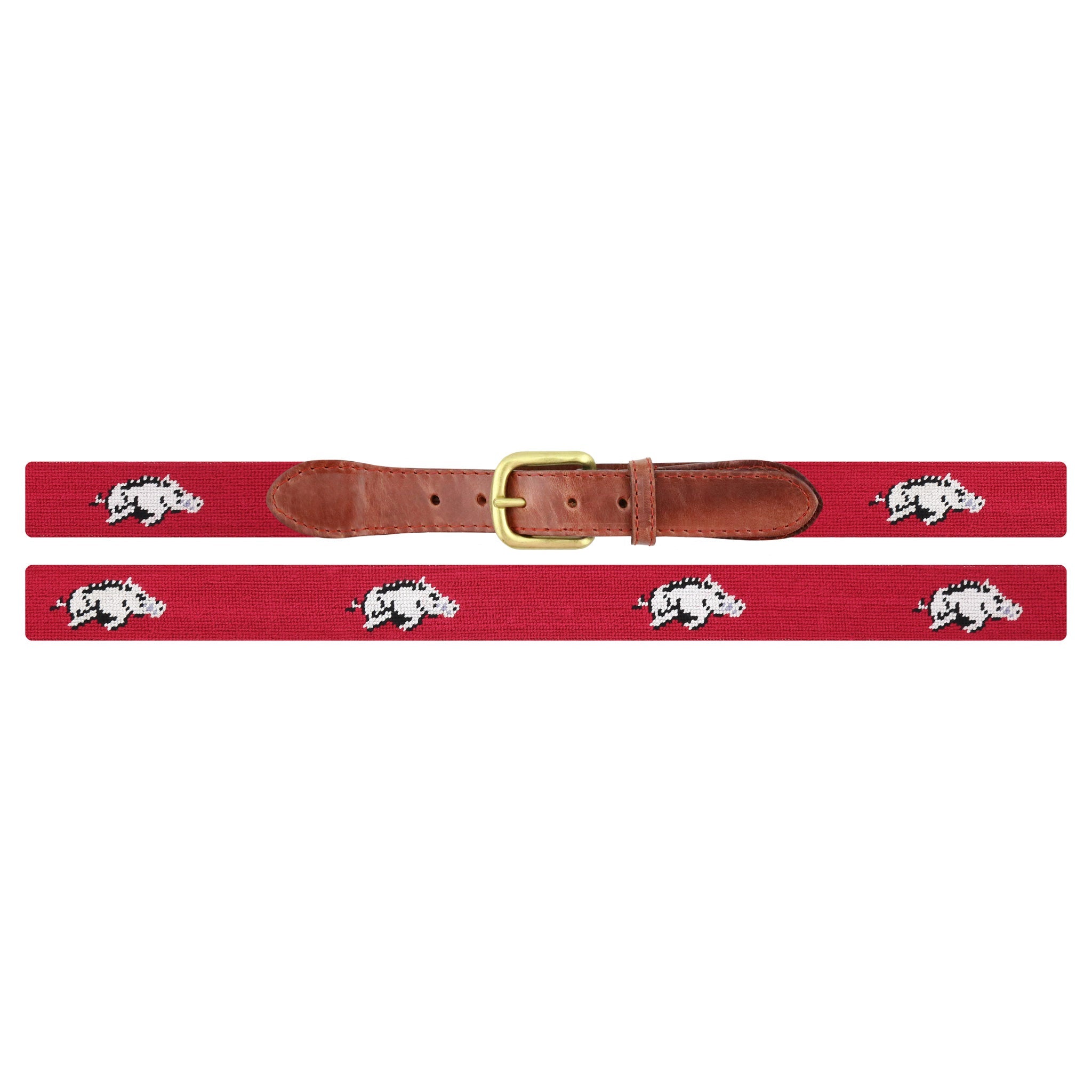 Flat view of Needlepoint Monogrammed Arkansas Belt Cranberry with brown leather trim and a brass buckle