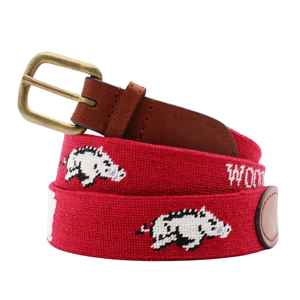 Arkansas Logo-AR Map-Wooo Pig Sooie Text Centered Belt (Cranberry) (Final Sale)